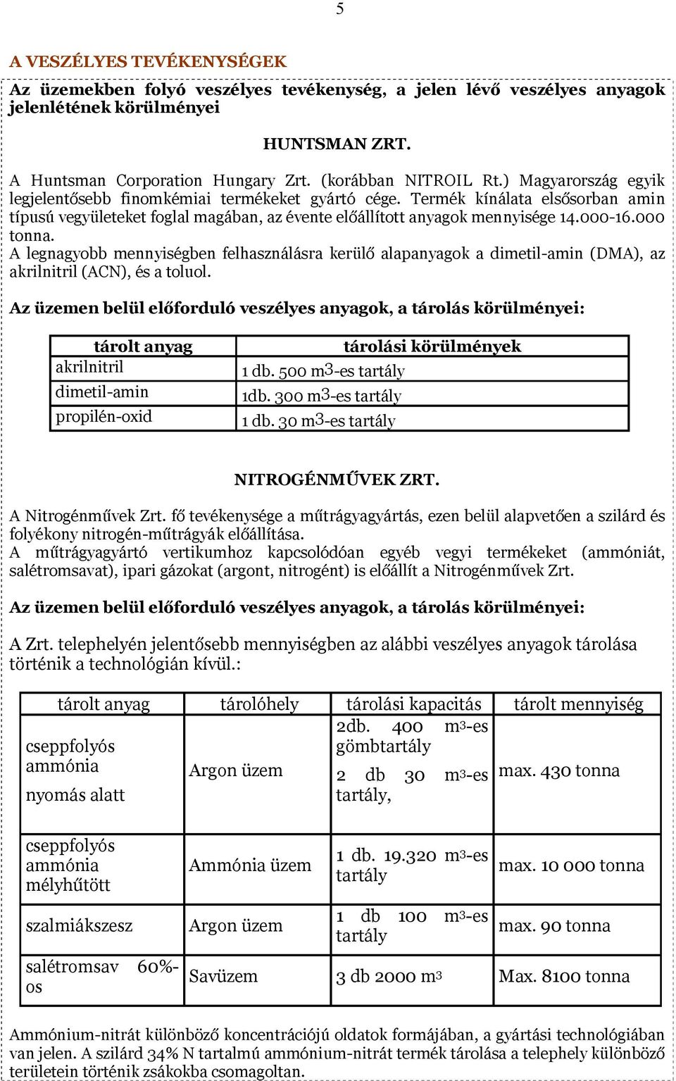 000 tonna. A legnagyobb mennyiségben felhasználásra kerülő alapanyagok a dimetil-amin (DMA), az akrilnitril (ACN), és a toluol.