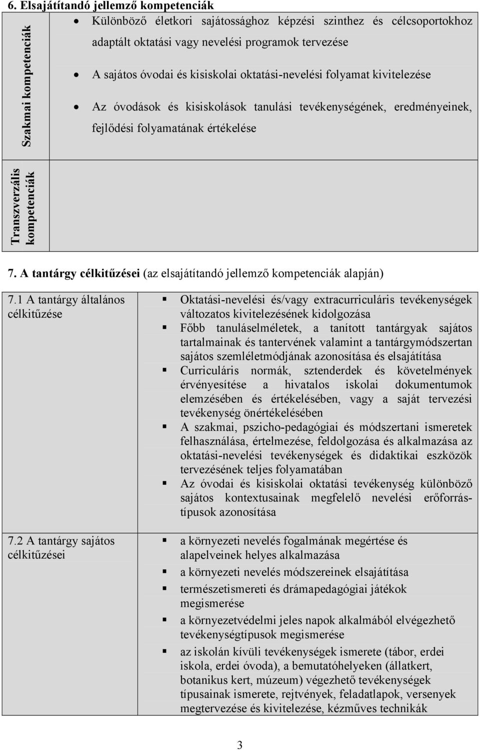 A tantárgy célkitűzései (az elsajátítandó jellemző kompetenciák alapján) 7.1 A tantárgy általános célkitűzése 7.