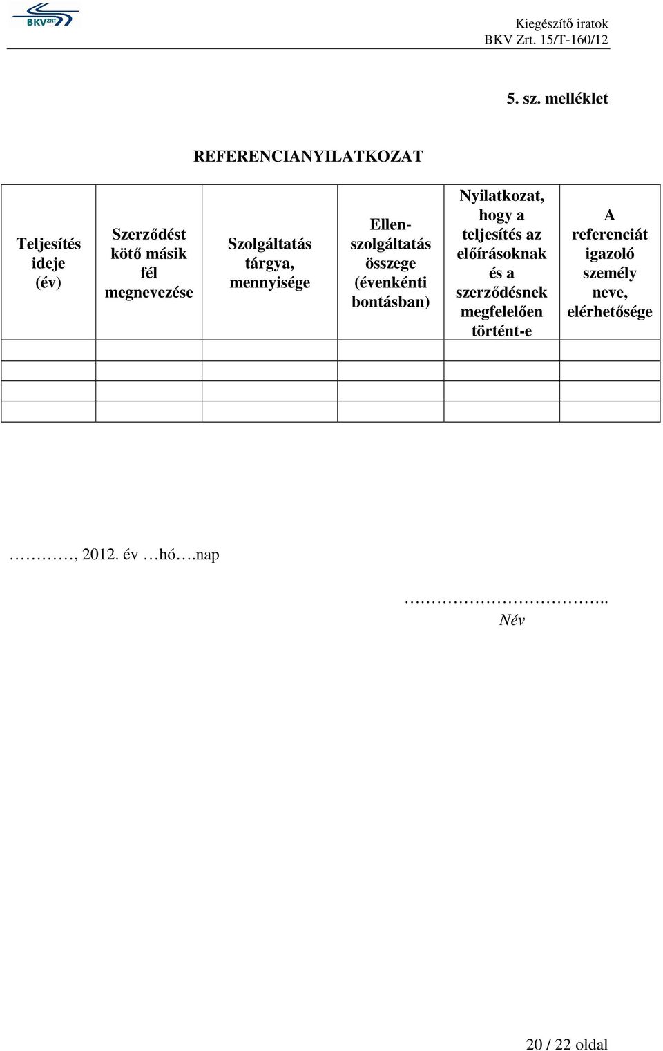 megnevezése Szolgáltatás tárgya, mennyisége Ellenszolgáltatás összege (évenkénti