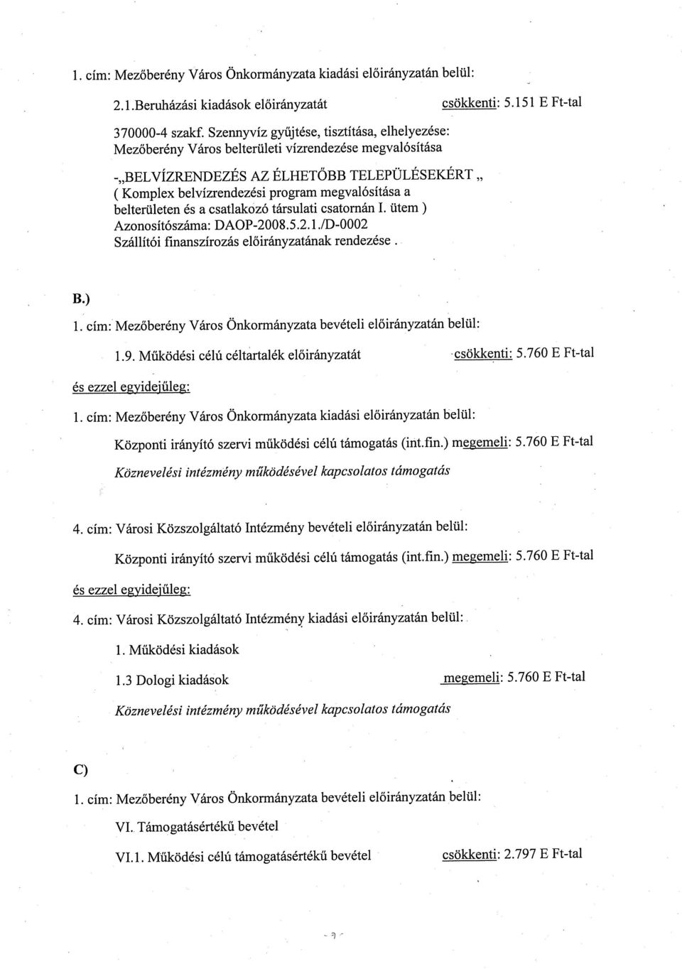 belterületen és a csatlakozó társulati csatornán I. ütem) Azonosítószáma: DAOP-2008.5.2. 1./D-0002 Szállítói finanszírozás előirányzatának rendezése. B.