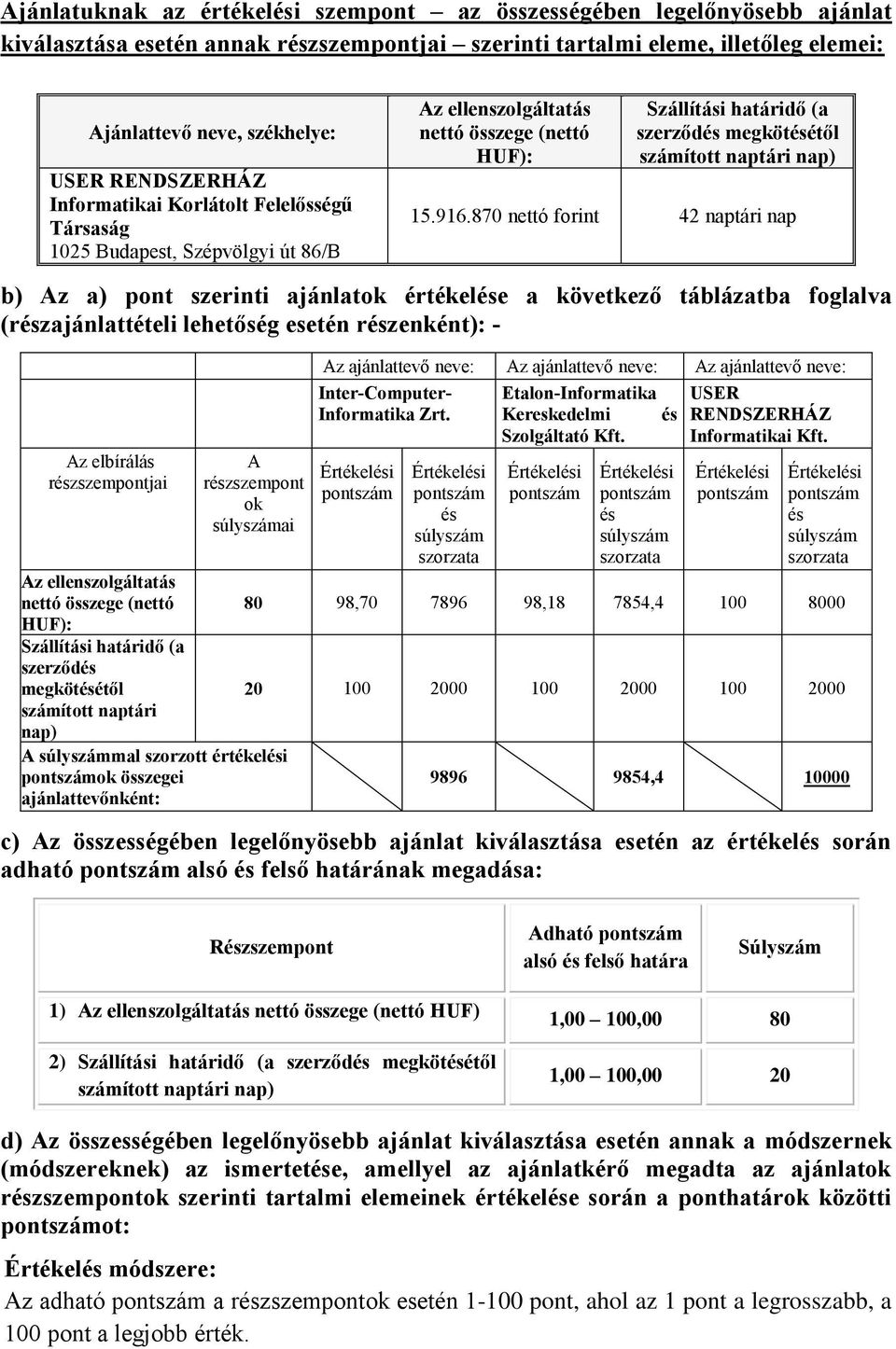 870 nettó forint 42 naptári nap b) Az a) pont szerinti ajánlatok értékelése a következő táblázatba foglalva (részajánlattételi lehetőség esetén részenként): - Az elbírálás részszempontjai A