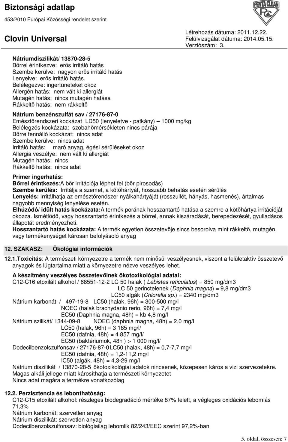 kockázat LD50 (lenyeletve - patkány) 1000 mg/kg Belélegzés kockázata: szobahımérsékleten nincs párája Bırre fennálló kockázat: nincs adat Szembe kerülve: nincs adat Irritáló hatás: maró anyag, égési