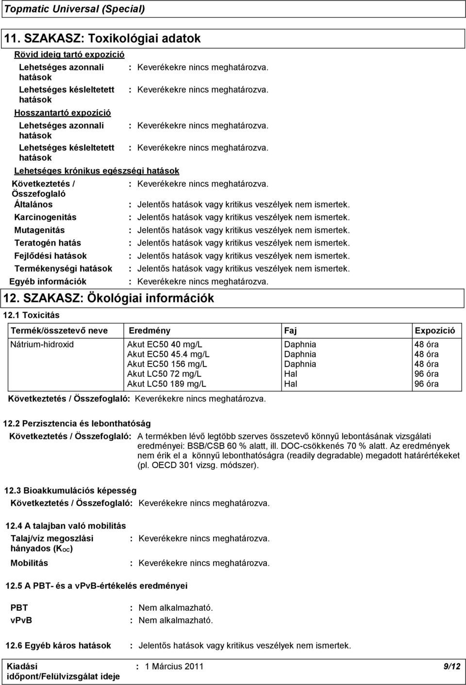 nem ismertek. : Jelentős hatások vagy kritikus veszélyek nem ismertek. : Jelentős hatások vagy kritikus veszélyek nem ismertek. : Jelentős hatások vagy kritikus veszélyek nem ismertek. : Jelentős hatások vagy kritikus veszélyek nem ismertek. : Jelentős hatások vagy kritikus veszélyek nem ismertek. 12.