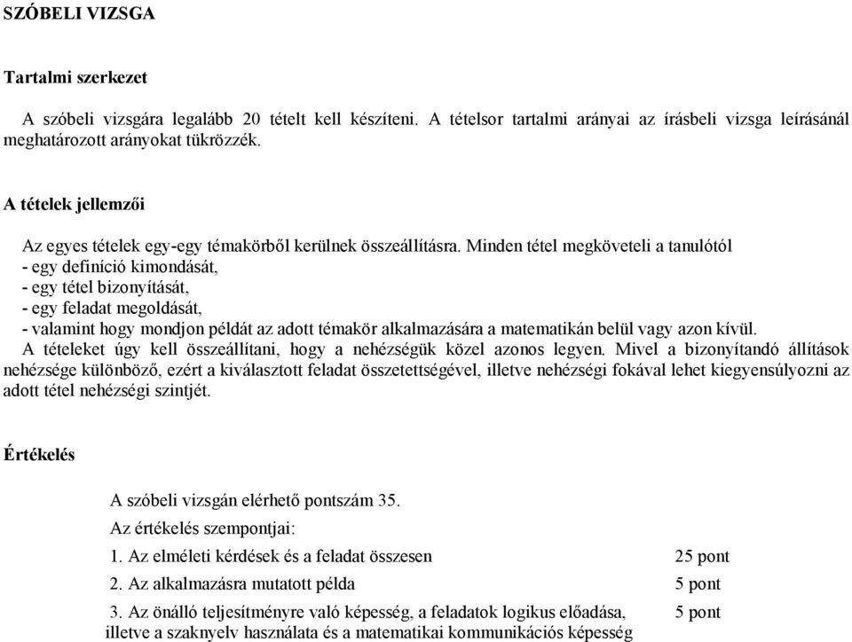 Minden tétel megköveteli a tanulótól - egy definíció kimondását, - egy tétel bizonyítását, - egy feladat megoldását, - valamint hogy mondjon példát az adott témakör alkalmazására a matematikán belül