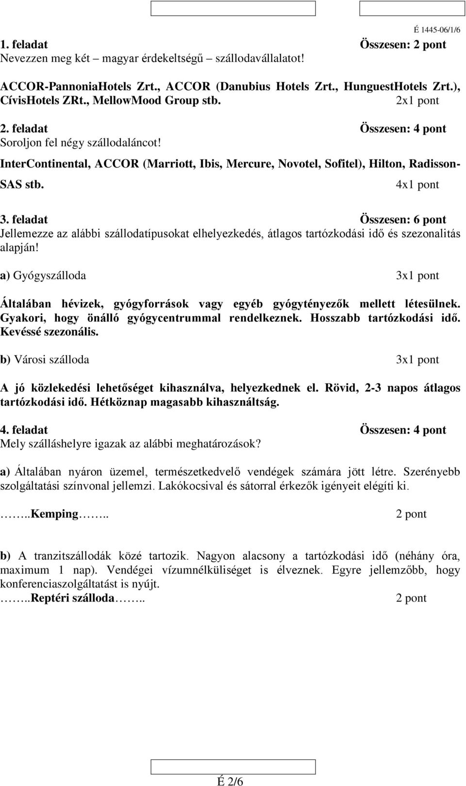 feladat Összesen: 6 pont Jellemezze az alábbi szállodatípusokat elhelyezkedés, átlagos tartózkodási idő és szezonalitás alapján!