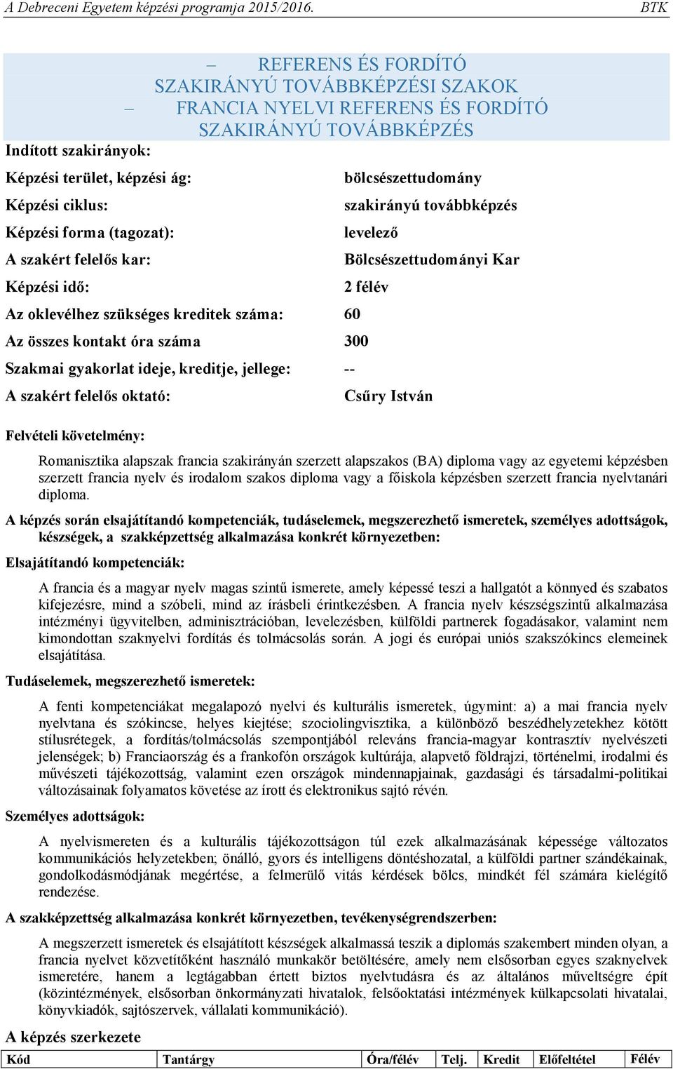 száma 300 Szakmai gyakorlat ideje, kreditje, jellege: A szakért felelős oktató: Felvételi követelmény: Csűry István Romanisztika alapszak francia szakirányán szerzett alapszakos (BA) diploma vagy az