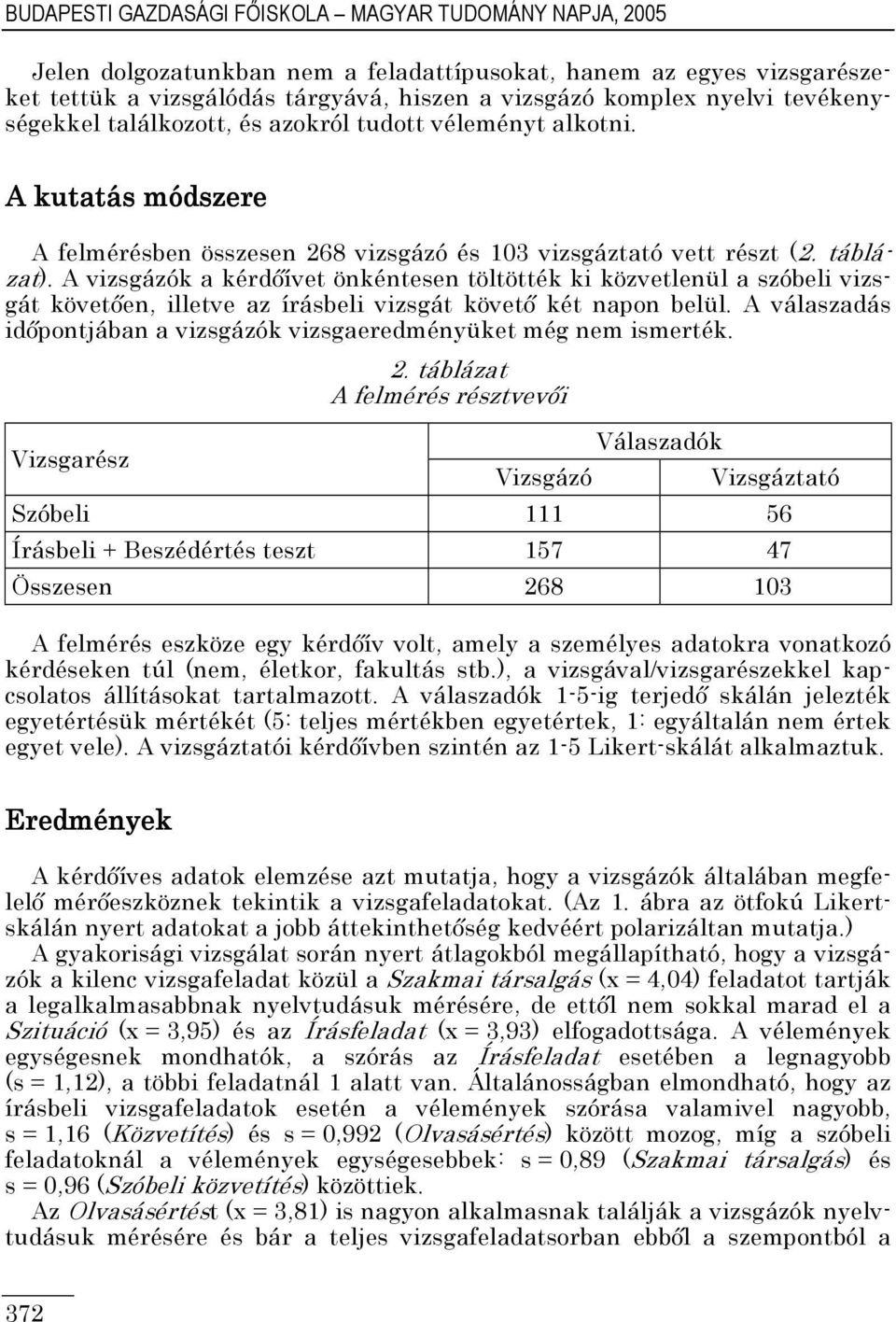 A vizsgázók a kérdıívet önkéntesen töltötték ki közvetlenül a szóbeli vizsgát követıen, illetve az írásbeli vizsgát követı két napon belül.