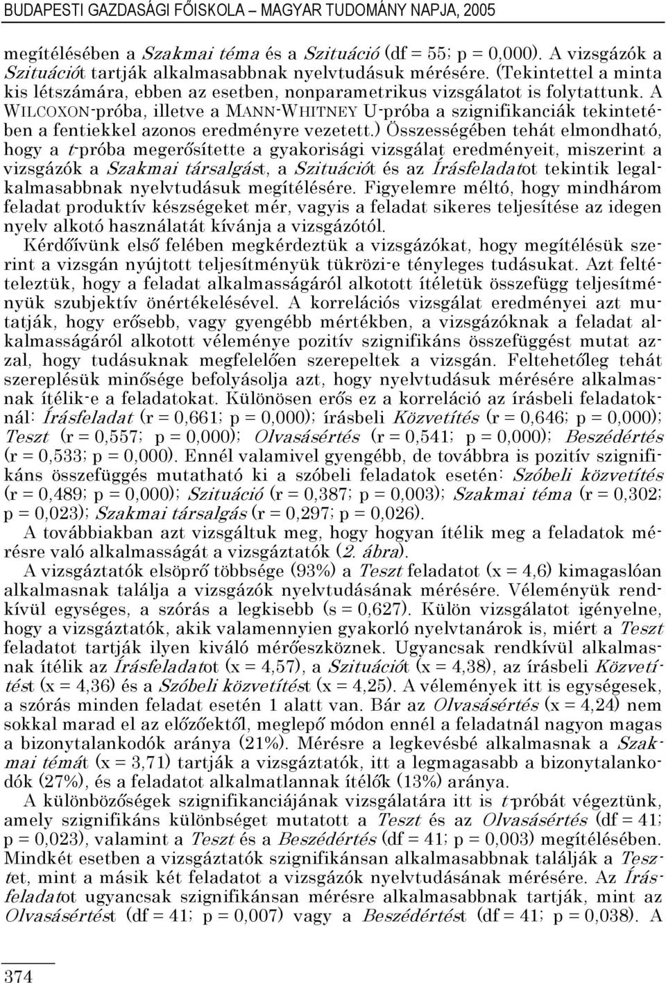 A WILCOXON-próba, illetve a MANN-WHITNEY U-próba a szignifikanciák tekintetében a fentiekkel azonos eredményre vezetett.