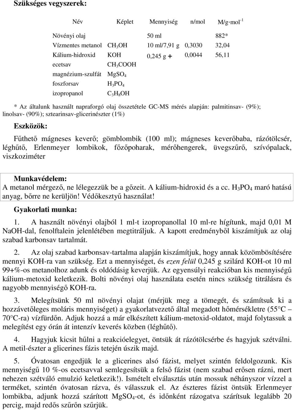 (1%) Eszközök: Fűthető mágneses keverő; gömblombik (100 ml); mágneses keverőbaba, rázótölcsér, léghűtő, Erlenmeyer lombikok, főzőpoharak, mérőhengerek, üvegszűrő, szívópalack, viszkoziméter