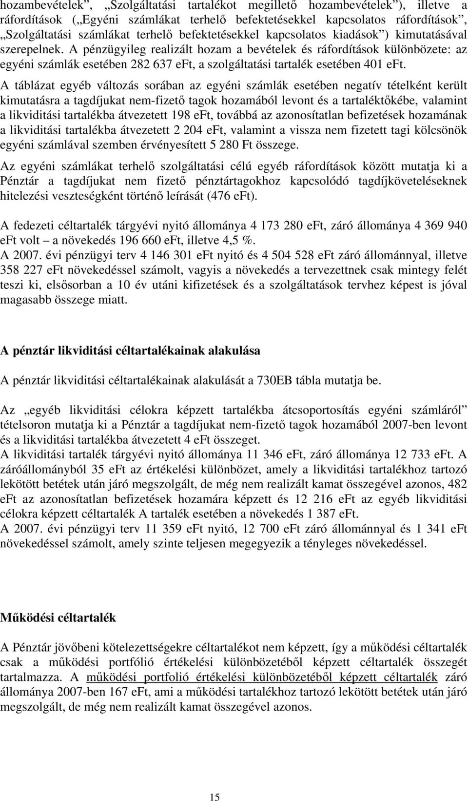 A pénzügyileg realizált hozam a bevételek és ráfordítások különbözete: az egyéni számlák esetében 282 637 eft, a szolgáltatási tartalék esetében 401 eft.