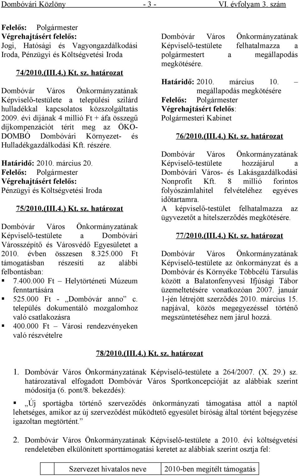 Felelős: Polgármester Végrehajtásért felelős: Pénzügyi és Költségvetési Iroda 75/2010.(III.4.) Kt. sz.