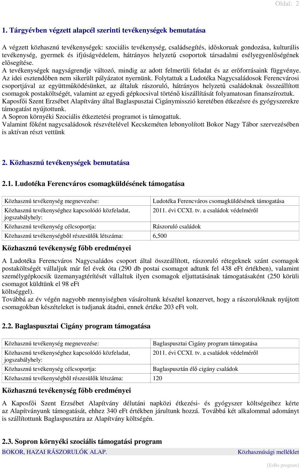 ifjúságvédelem, hátrányos helyzetű csoportok társadalmi esélyegyenlőségének elősegítése. A tevékenységek nagyságrendje változó, mindig az adott felmerüli feladat és az erőforrásaink függvénye.