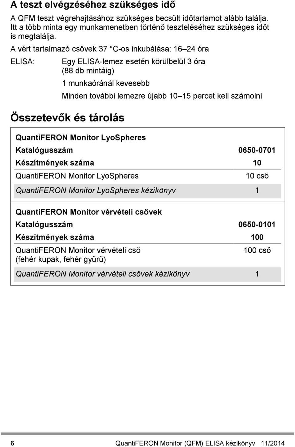 Összetevők és tárolás QuantiFERON Monitor LyoSpheres Katalógusszám 0650-0701 Készítmények száma 10 QuantiFERON Monitor LyoSpheres 10 cső QuantiFERON Monitor LyoSpheres kézikönyv 1 QuantiFERON Monitor