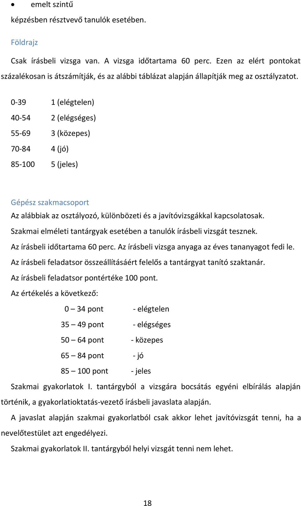 0-39 1 (elégtelen) 40-54 2 (elégséges) 55-69 3 (közepes) 70-84 4 (jó) 85-100 5 (jeles) Gépész szakmacsoport Az alábbiak az osztályozó, különbözeti és a javítóvizsgákkal kapcsolatosak.