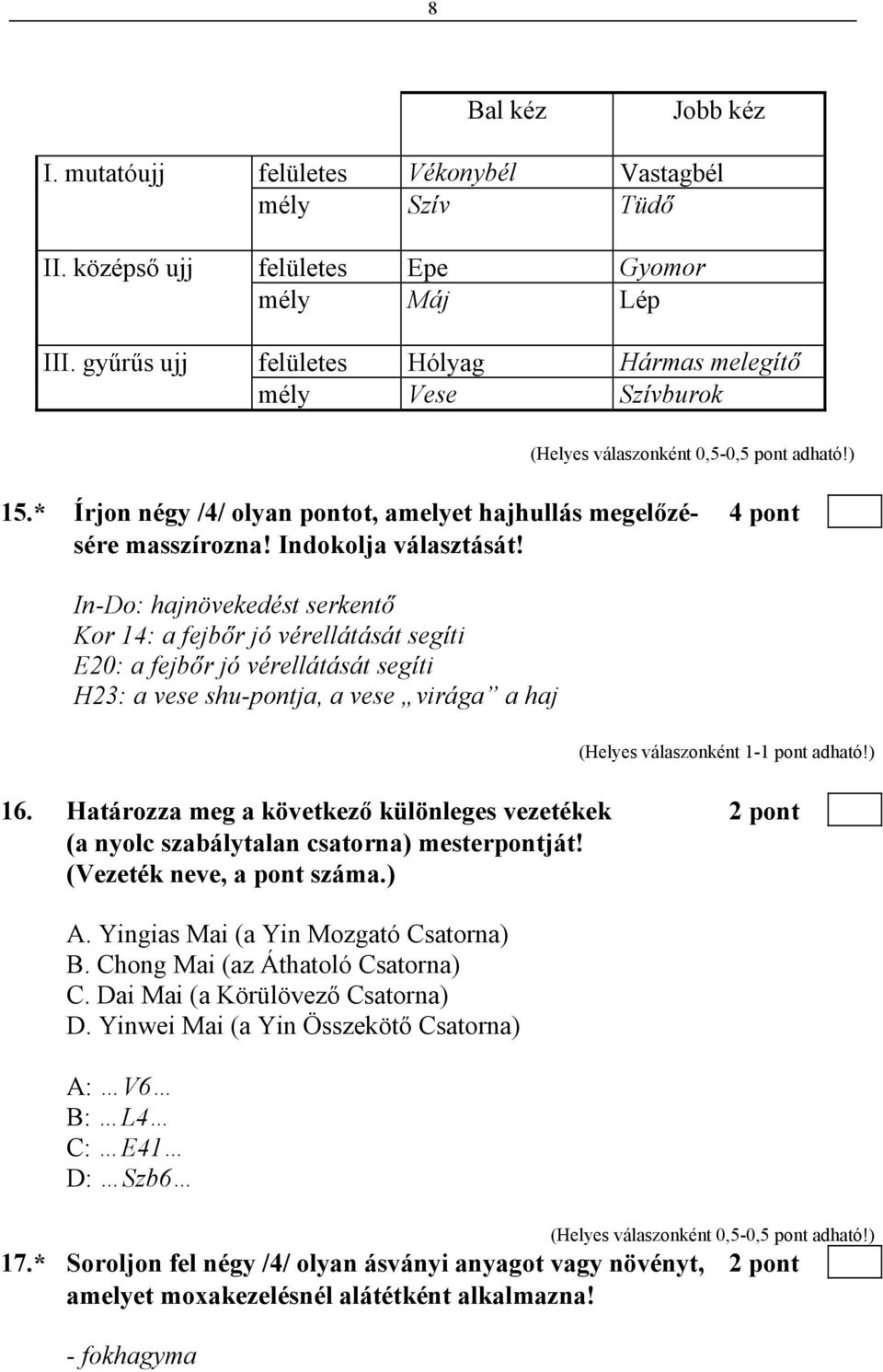 In-Do: hajnövekedést serkentő Kor 14: a fejbőr jó vérellátását segíti E20: a fejbőr jó vérellátását segíti H23: a vese shu-pontja, a vese virága a haj 16.