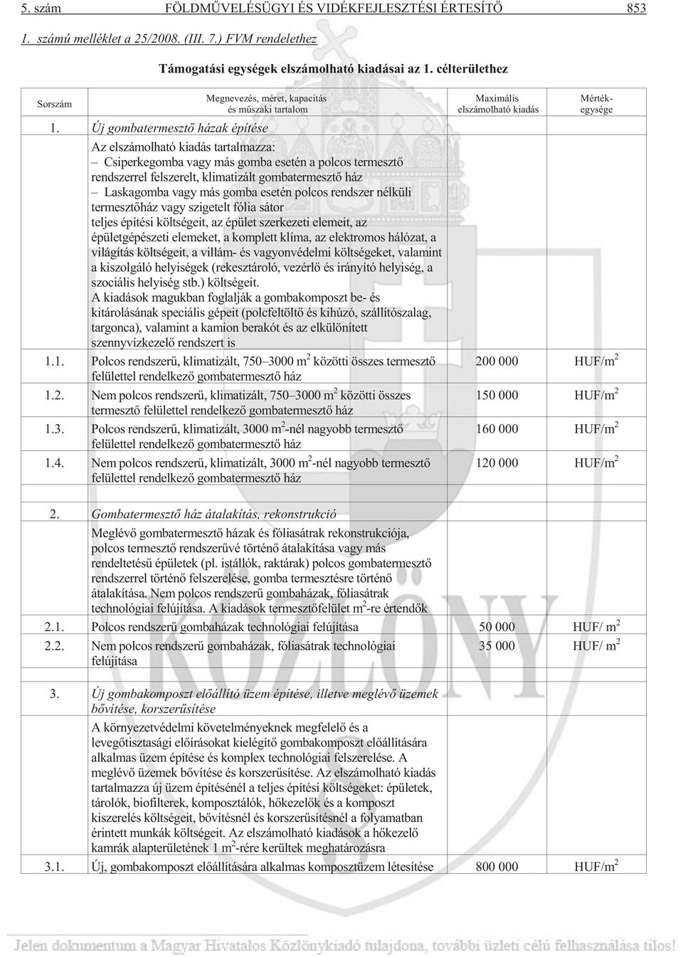 Új gombatermesztõ házak építése Az elszámolható kiadás tartalmazza: Csiperkegomba vagy más gomba esetén a polcos termesztõ rendszerrel felszerelt, klimatizált gombatermesztõ ház Laskagomba vagy más