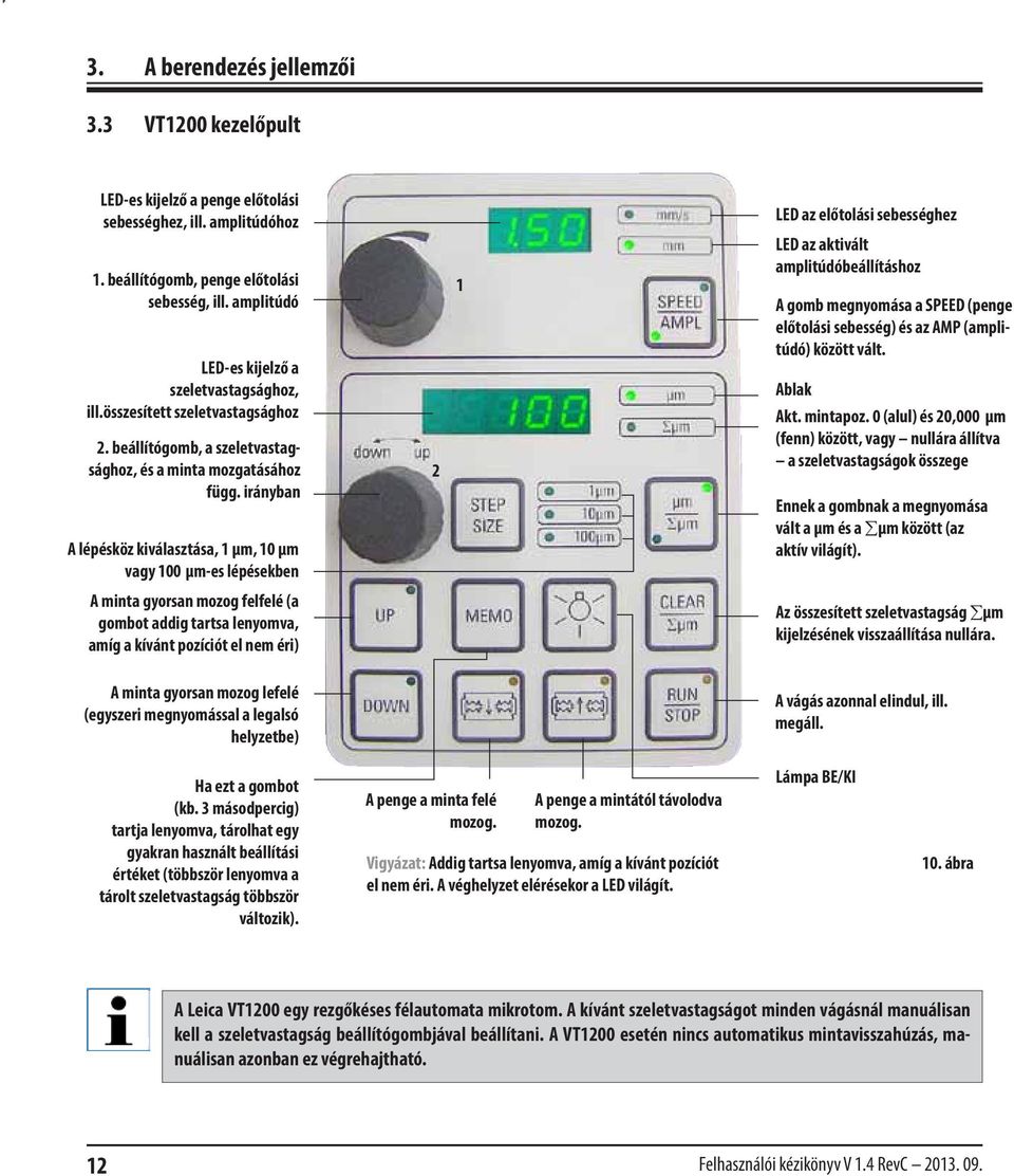 irányban A lépésköz kiválasztása, 1 µm, 10 µm vagy 100 µm-es lépésekben 2 1 LED az előtolási sebességhez LED az aktivált amplitúdóbeállításhoz A gomb megnyomása a SPEED (penge előtolási sebesség) és