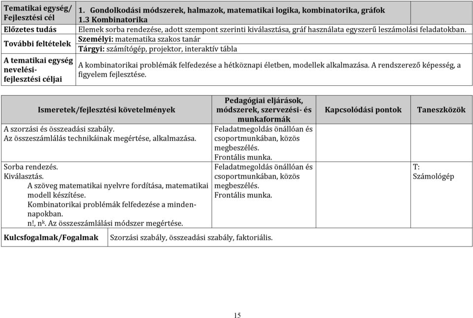 Személyi: matematika szakos tanár Tárgyi: számítógép, projektor, A kombinatorikai problémák felfedezése a hétköznapi életben, modellek alkalmazása. A rendszerező képesség, a figyelem fejlesztése.