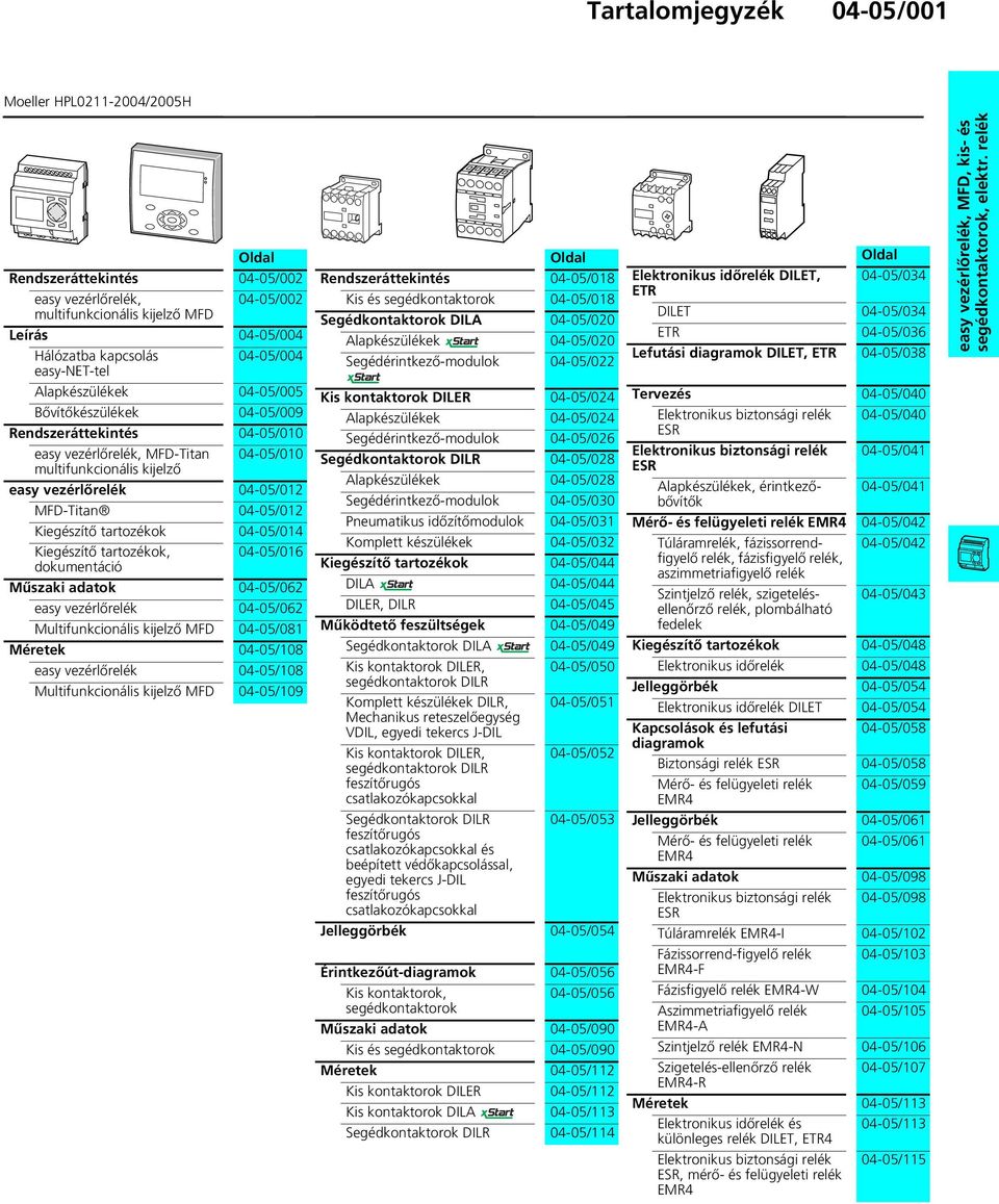 04-05/034 DILET 04-05/034 ETR 04-05/036 Lefutási diagramok DILET, ETR 04-05/038 easy vezérlőrelék, MFD, kis- és segédkontaktorok, elektr relék Alapkészülékek 04-05/005 Bővítőkészülékek 04-05/009