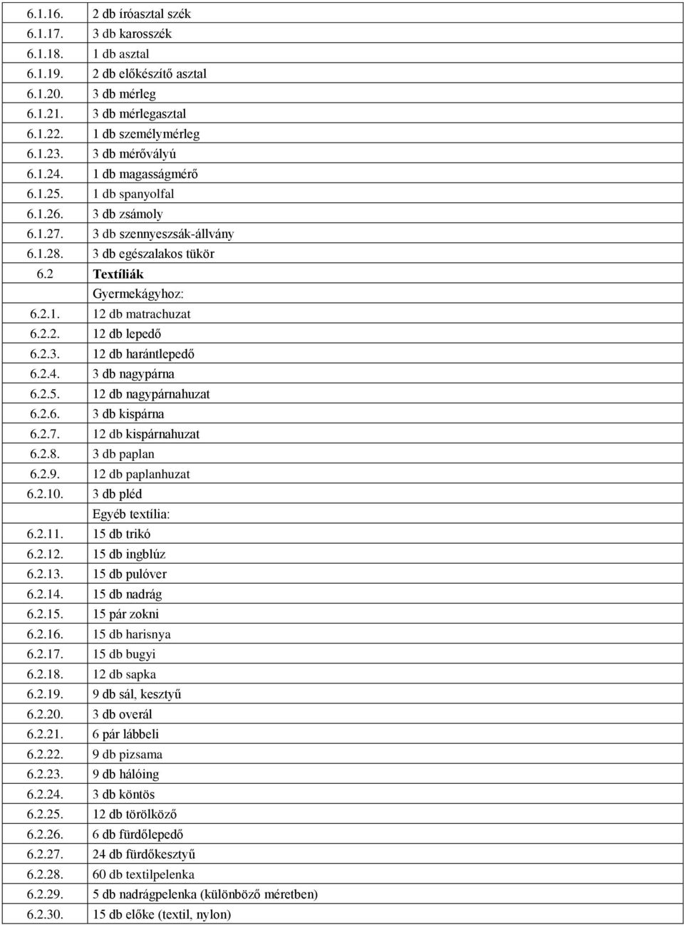 2.3. 12 db harántlepedő 6.2.4. 3 db nagypárna 6.2.5. 12 db nagypárnahuzat 6.2.6. 3 db kispárna 6.2.7. 12 db kispárnahuzat 6.2.8. 3 db paplan 6.2.9. 12 db paplanhuzat 6.2.10.