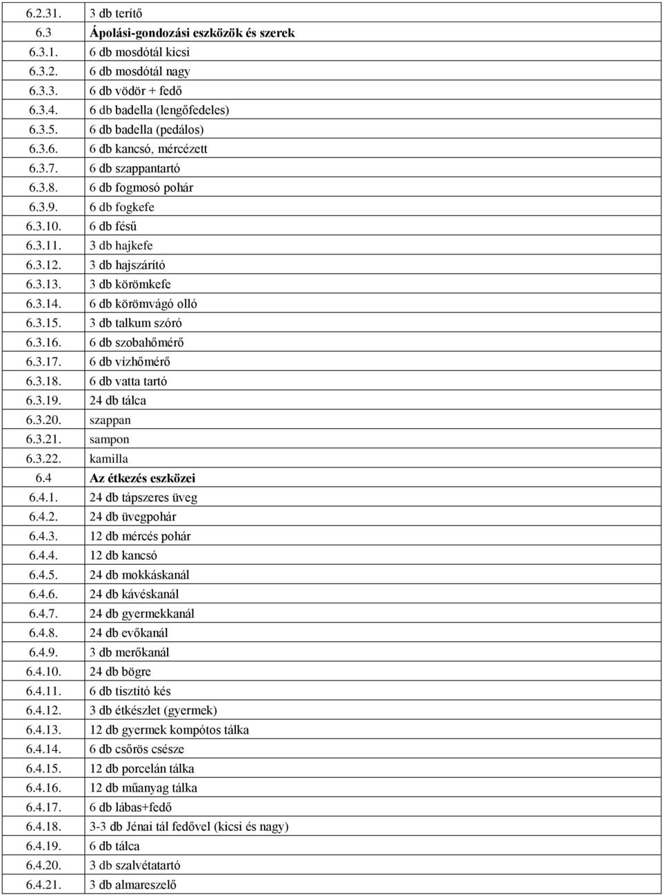 3 db körömkefe 6.3.14. 6 db körömvágó olló 6.3.15. 3 db talkum szóró 6.3.16. 6 db szobahőmérő 6.3.17. 6 db vízhőmérő 6.3.18. 6 db vatta tartó 6.3.19. 24 db tálca 6.3.20. szappan 6.3.21. sampon 6.3.22.