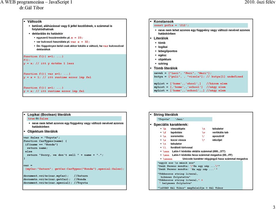 error lép fel function f(){ x=1; y = x; // itt runtime error lép fel Konstansok const prfix = '212'; neve nem lehet azonos egy függvény vagy változó nevével azonos hatáskörben Literálok tömb logikai