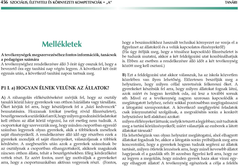 A) A ráhangolás előkészítéseként mérjük fel, hogy az osztály tanulói közül hány gyereknek van otthon háziállata vagy társállata.