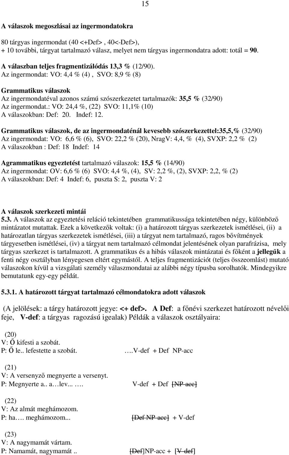 Az ingermondat: VO: 4,4 % (4), SVO: 8,9 % (8) Grammatikus válaszok Az ingermondatéval azonos számú szószerkezetet tartalmazók: 35,5 % (32/90) Az ingermondat.