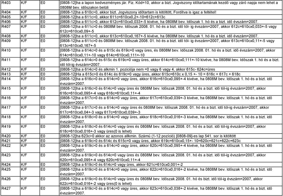 R405 K/F E0 [0808-12]ha a 611c>0, akkor 611c=610cx0,2+-10=612c+613c R406 K/F E0 [0808-12]ha a 611c>0, akkor 612c=610cx0,033+-5 kivéve, ha 0808M bev. Időszak 1. hó és a bizt. idő évszám=2007.