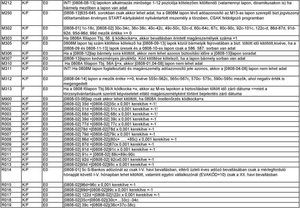 jogviszony időtartamában érvényes START-kártyásként nyilvántartott mszemély a törzsben, CSAK feldolgozó programban M302 K/F E0 [0808-01] 1c-18c, [0808-02] 30c-34c, 36c-38c, 40c-42c, 49c-50c, 52c-d,