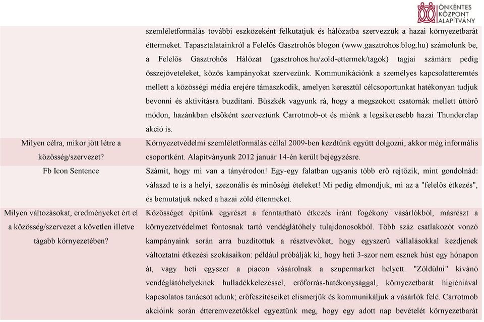 n (www.gasztrohos.blog.hu) számolunk be, a Felelős Gasztrohős Hálózat (gasztrohos.hu/zold-ettermek/tagok) tagjai számára pedig összejöveteleket, közös kampányokat szervezünk.