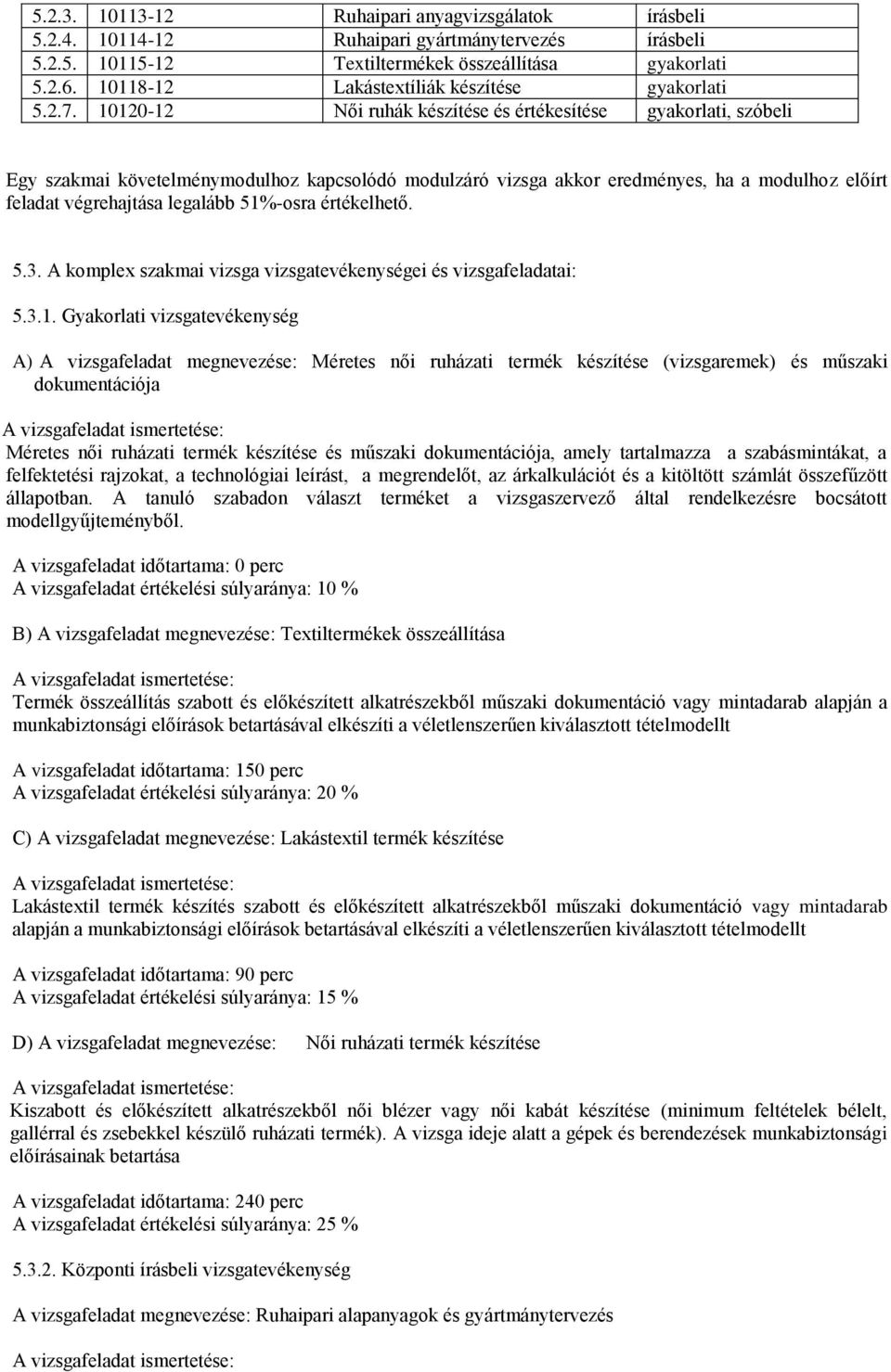 10120-12 Női ruhák készítése és értékesítése gyakorlati, szóbeli Egy szakmai követelménymodulhoz kapcsolódó modulzáró vizsga akkor eredményes, ha a modulhoz előírt feladat végrehajtása legalább