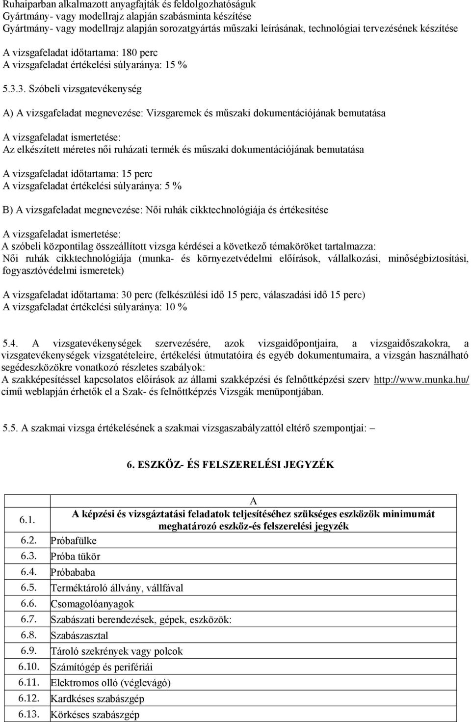 3. Szóbeli vizsgatevékenység A) A vizsgafeladat megnevezése: Vizsgaremek és műszaki dokumentációjának bemutatása Az elkészített méretes női ruházati termék és műszaki dokumentációjának bemutatása A