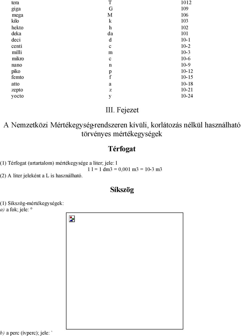 Fejezet A Nemzetközi Mértékegység-rendszeren kívüli, korlátozás nélkül használható törvényes mértékegységek Térfogat (1) Térfogat