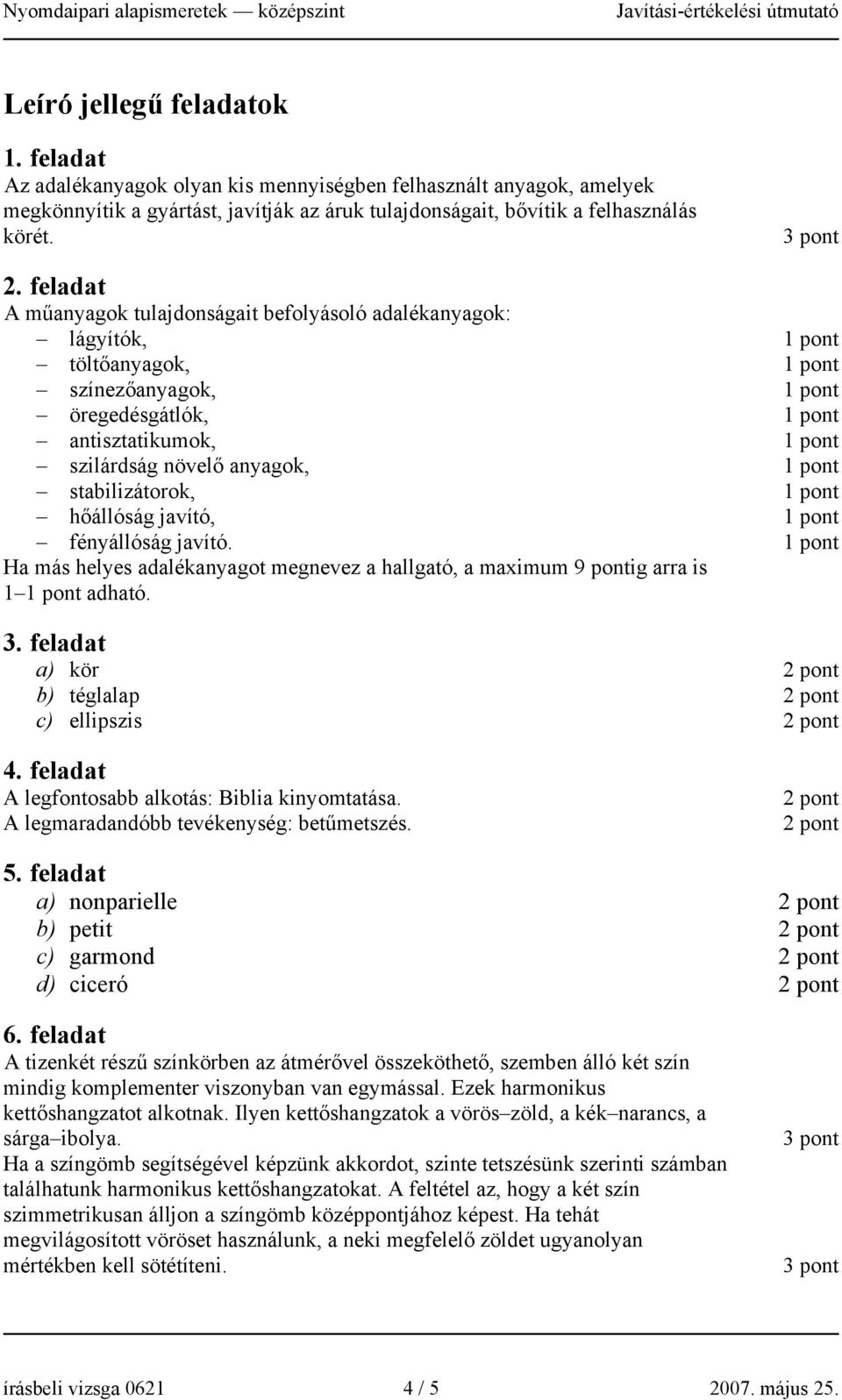 pont stabilizátorok, 1 pont hőállóság javító, 1 pont fényállóság javító. 1 pont Ha más helyes adalékanyagot megnevez a hallgató, a maximum 9 pontig arra is 1 1 pont adható. 3.