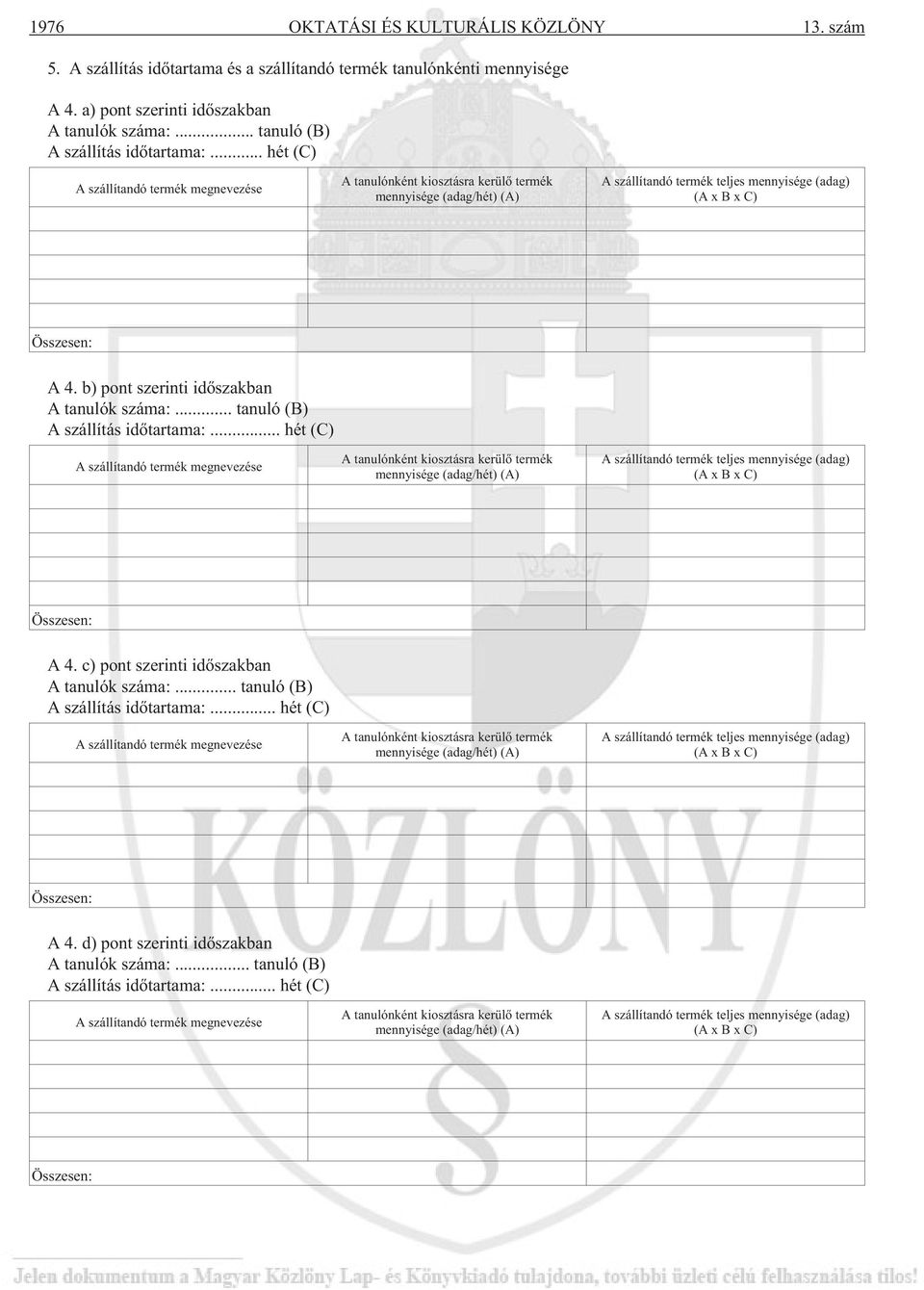 .. hét (C) A szállítandó termék megnevezése A tanulónként kiosztásra kerülõ termék mennyisége (adag/hét) (A) A szállítandó termék teljes mennyisége (adag) (AxBxC) Összesen: A 4.