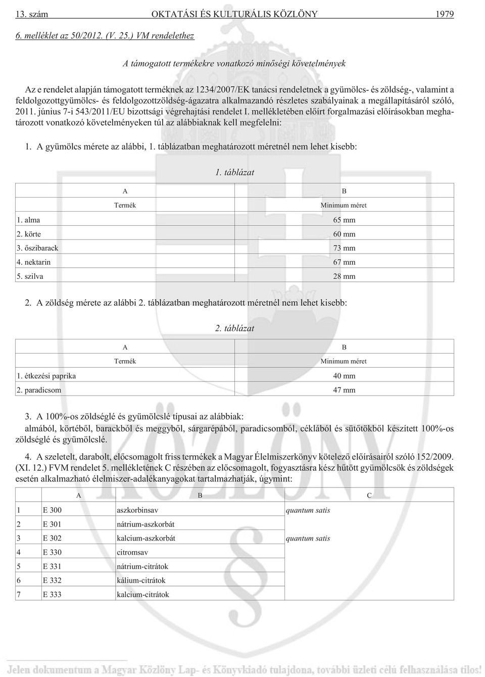 feldolgozottgyümölcs- és feldolgozottzöldség-ágazatra alkalmazandó részletes szabályainak a megállapításáról szóló, 2011. június 7-i 543/2011/EU bizottsági végrehajtási rendelet I.