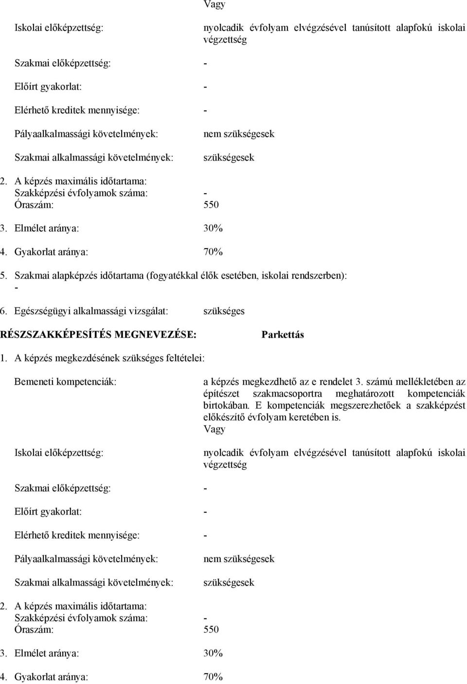 Gyakorlat aránya: 70% 5. Szakmai alapképzés időtartama (fogyatékkal élők esetében, iskolai rendszerben): - 6. Egészségügyi alkalmassági vizsgálat: szükséges RÉSZSZAKKÉPESÍTÉS MEGNEVEZÉSE: Parkettás 1.