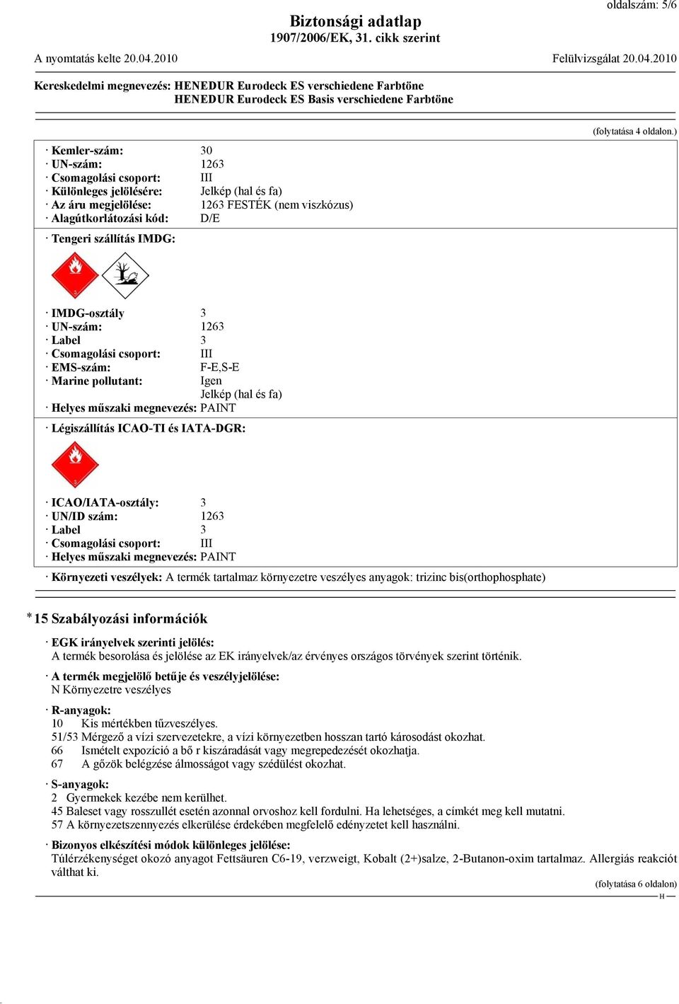 ) IMDG-osztály 3 UN-szám: 1263 Label 3 Csomagolási csoport: III EMS-szám: F-E,S-E Marine pollutant: Igen Jelkép (hal és fa) elyes műszaki megnevezés: PAINT Légiszállítás ICAO-TI és IATA-DGR: