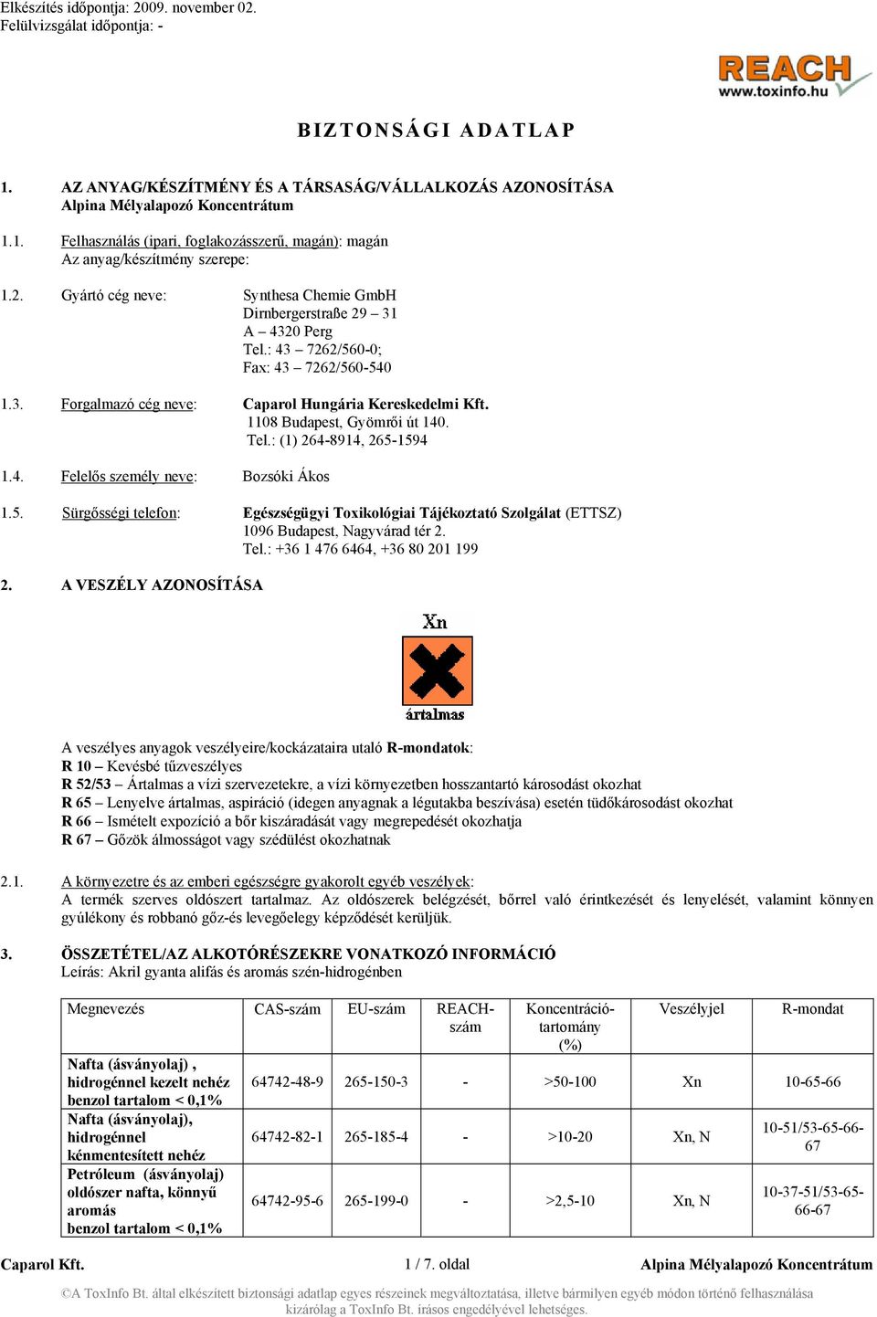 1108 Budapest, Gyömrői út 140. Tel.: (1) 264-8914, 265-1594 1.4. Felelős személy neve: Bozsóki Ákos 1.5. Sürgősségi telefon: Egészségügyi Toxikológiai Tájékoztató Szolgálat (ETTSZ) 1096 Budapest, Nagyvárad tér 2.