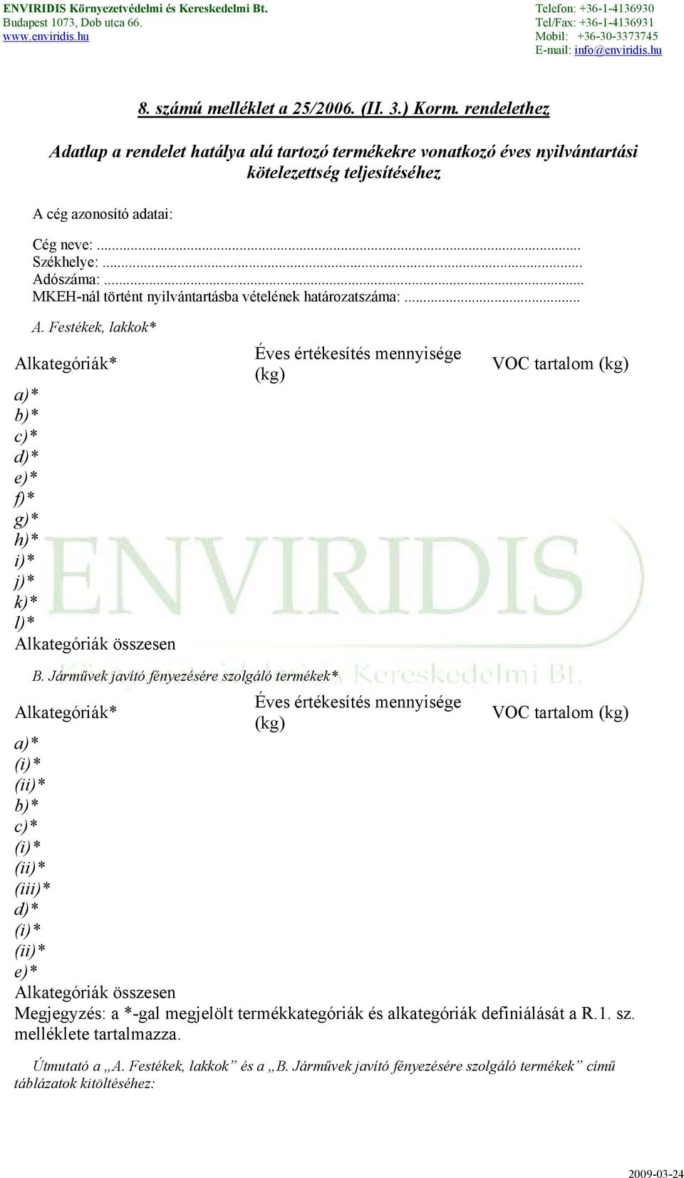 Járművek javító fényezésére szolgáló termékek* Alkategóriák* Éves értékesítés mennyisége (kg) VOC tartalom (kg) a)* (i)* (ii)* b)* c)* (i)* (ii)* (iii)* d)* (i)* (ii)* e)* Alkategóriák összesen