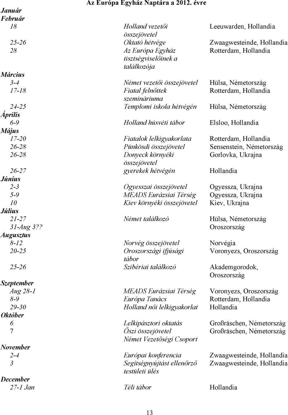 Március 3-4 Német vezetői összejövetel Hülsa, Németország 17-18 24-25 Fiatal felnőttek szemináriuma Templomi iskola hétvégén Rotterdam, Hollandia Hülsa, Németország Április 6-9 Holland húsvéti tábor