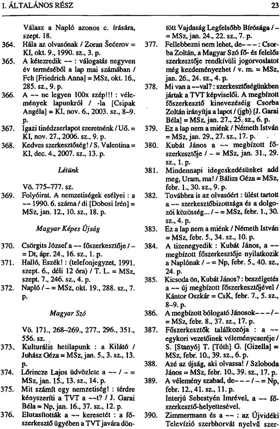 !! : vélemények lapunkról / -la [Csipak Angéla] = KI, nov. 6., 2003. sz., 8-9. 367. Igazi tinédzserlapot szeretnénk / Uő. = KI, nov. 27., 2006. sz., 9. p. 368. Kedves szerkesztőség! / S.