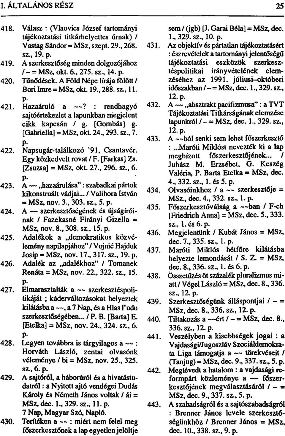 [Gabriella] = MSz, okt. 24., 293. sz., 7. 422. Napsugár-találkozó '91, Csantavér. Egy közkedvelt rovat / F. [Farkas] Zs. [Zsuzsa] = MSz, okt. 27., 296. sz., 6. 423.