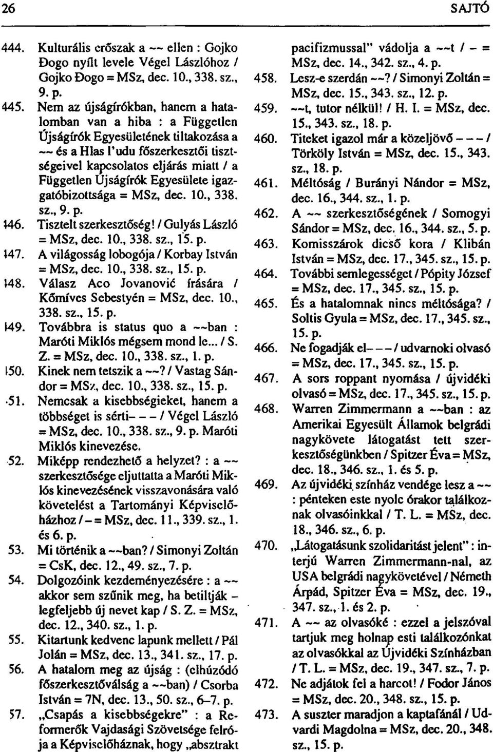 Egyesülete igazgatóbizottsága = MSz, dec. 10., 338. sz., 9. p. 146. Tisztelt szerkesztőség! / Gulyás László = MSz, dec. 10., 338. sz., Í5. p. 147. A világosság lobogója / Korbay István = MSz, dec. 10., 338. sz., 15.