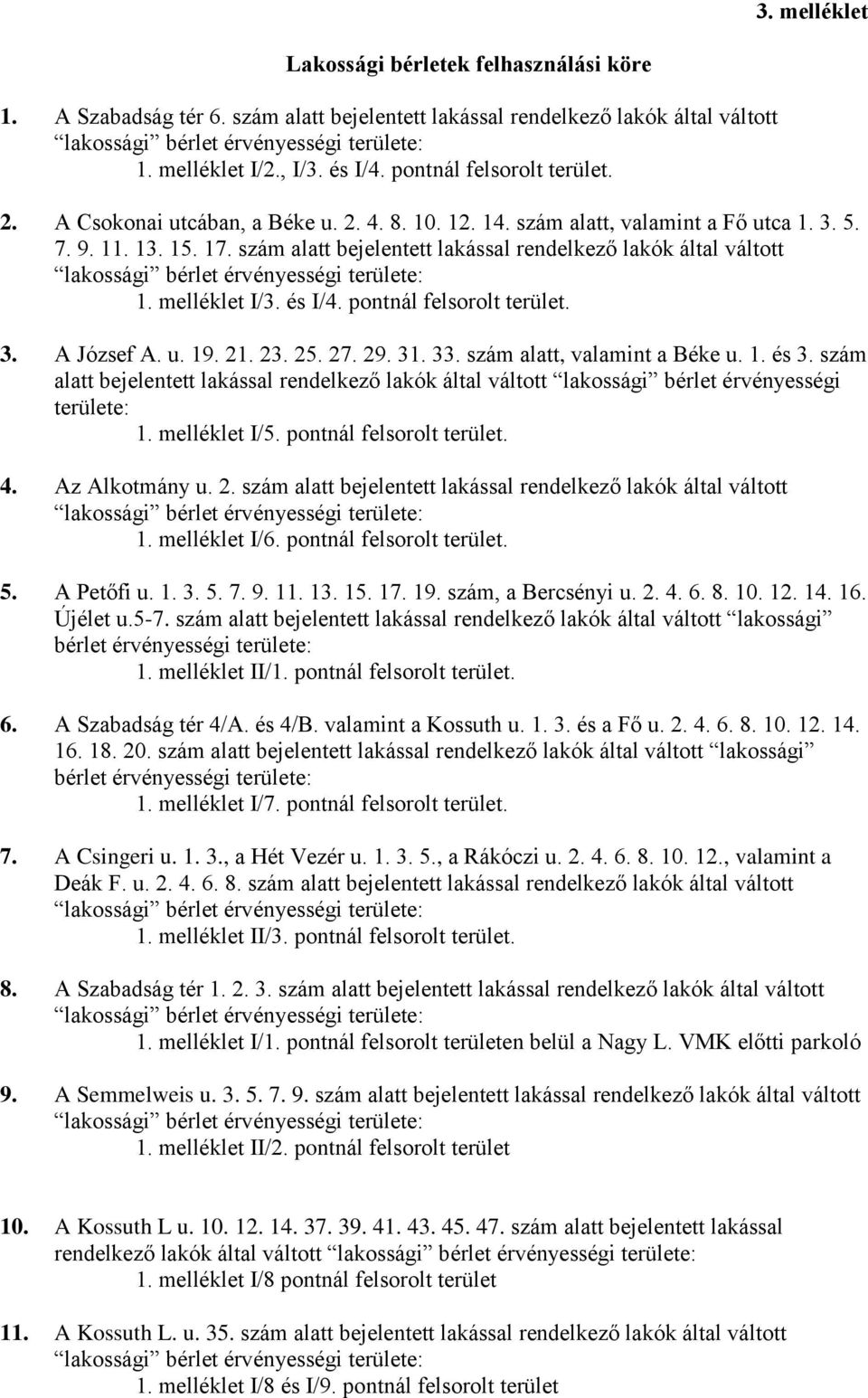 és I/4. pontnál felsorolt terület. 3. A József A. u. 19. 21. 23. 25. 27. 29. 31. 33. szám alatt, valamint a Béke u. 1. és 3.