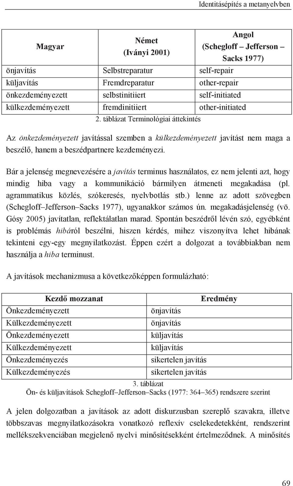 táblázat Terminológiai áttekintés Az önkezdeményezett javítással szemben a külkezdeményezett javítást nem maga a beszélő, hanem a beszédpartnere kezdeményezi.