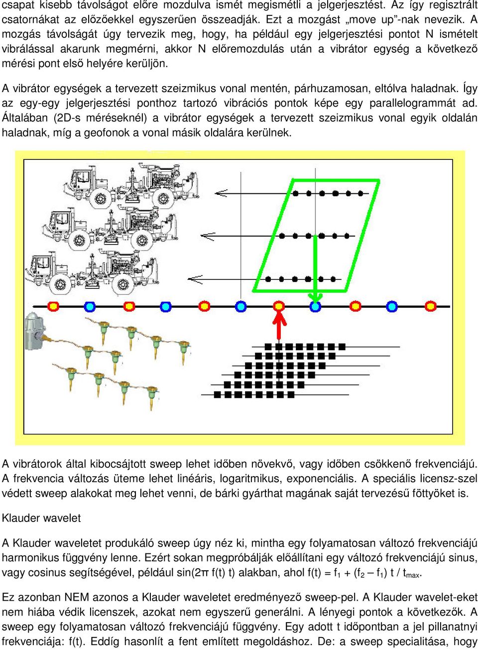 helyére kerüljön. A vibrátor egységek a tervezett szeizmikus vonal mentén, párhuzamosan, eltólva haladnak. Így az egy-egy jelgerjesztési ponthoz tartozó vibrációs pontok képe egy parallelogrammát ad.
