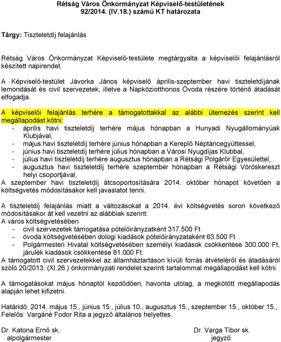 A képviselői felajánlás terhére a támogatottakkal az alábbi ütemezés szerint kell megállapodást kötni: - április havi tiszteletdíj terhére május hónapban a Hunyadi Nyugállományúak Klubjával, - május