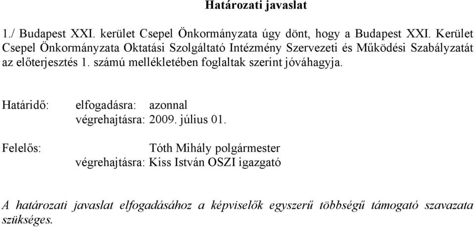 számú mellékletében foglaltak szerint jóváhagyja. Határidő: elfogadásra: azonnal végrehajtásra: 2009. július 01.